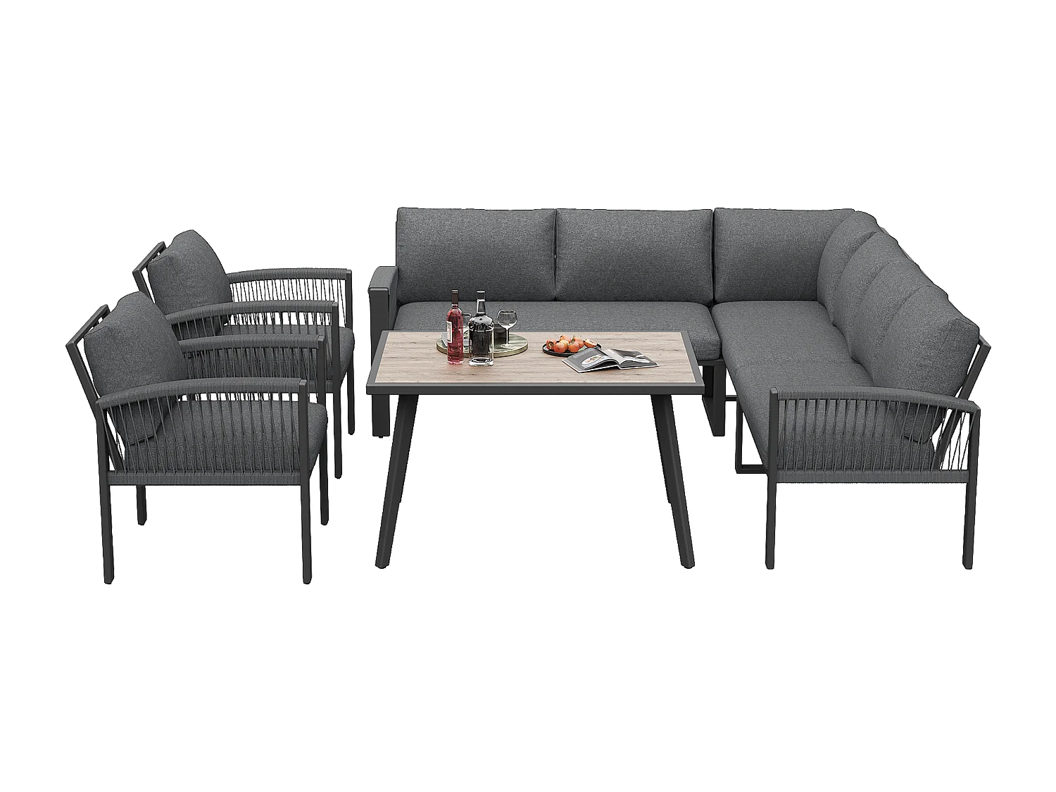 Ensemble de salle à manger de jardin pour 8 places, cordage, 1 table avec veinure de bois, en fer galvanisé, canapé d'angle - 2 fauteuils, gris