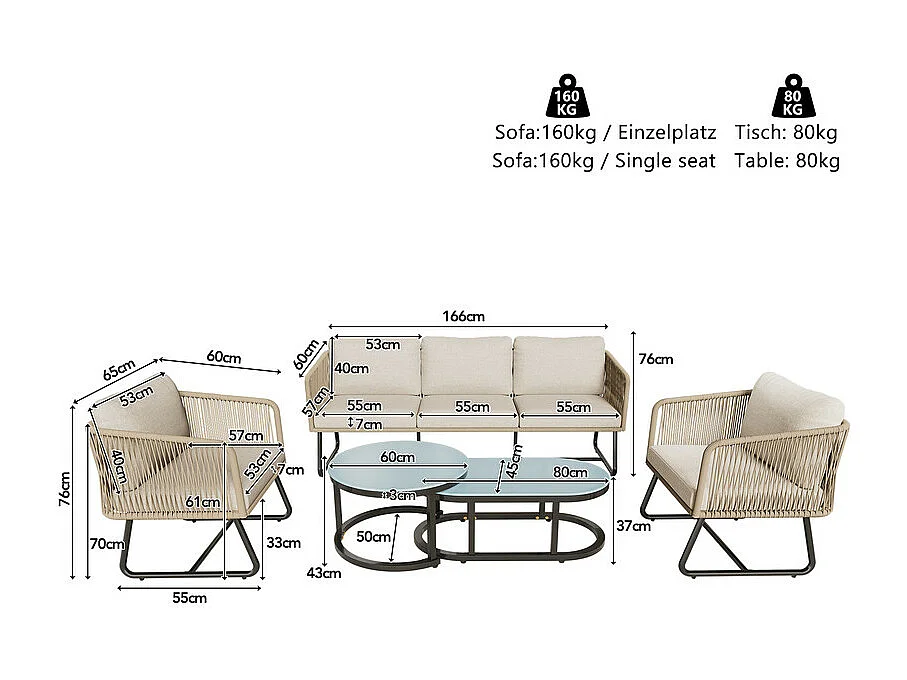 Ensemble de salon de jardin en fer galvanisé et corde - canapé, 2 fauteuils et 2 tables gigognes - Beige