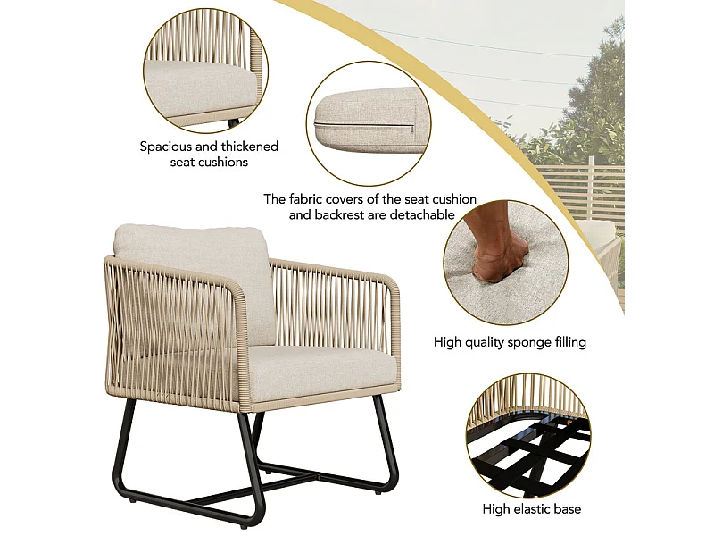 Ensemble de salon de jardin en fer galvanisé et corde - canapé, 2 fauteuils et 2 tables gigognes - Beige