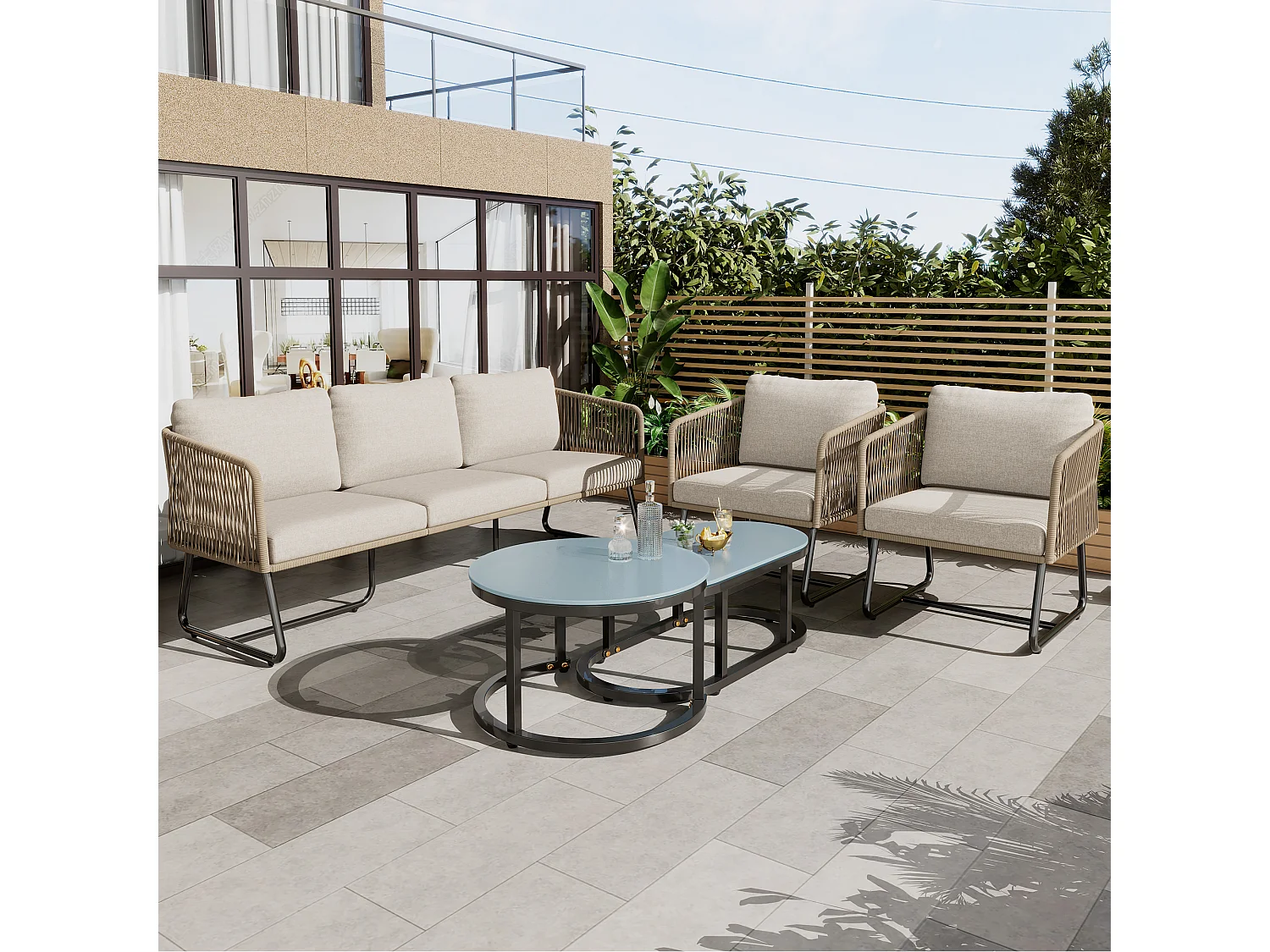 Ensemble de salon de jardin en fer galvanisé et corde - canapé, 2 fauteuils et 2 tables gigognes - Beige