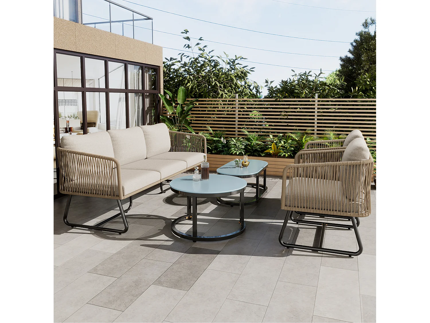 Ensemble de salon de jardin en fer galvanisé et corde - canapé, 2 fauteuils et 2 tables gigognes - Beige