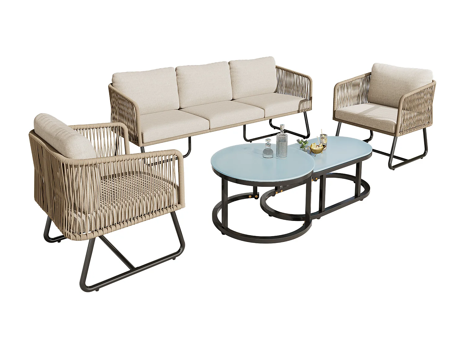 Ensemble de salon de jardin en fer galvanisé et corde - canapé, 2 fauteuils et 2 tables gigognes - Beige