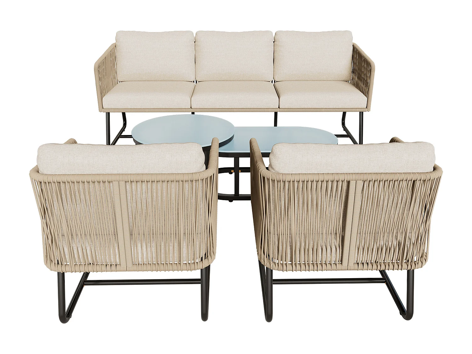 Ensemble de salon de jardin en fer galvanisé et corde - canapé, 2 fauteuils et 2 tables gigognes - Beige