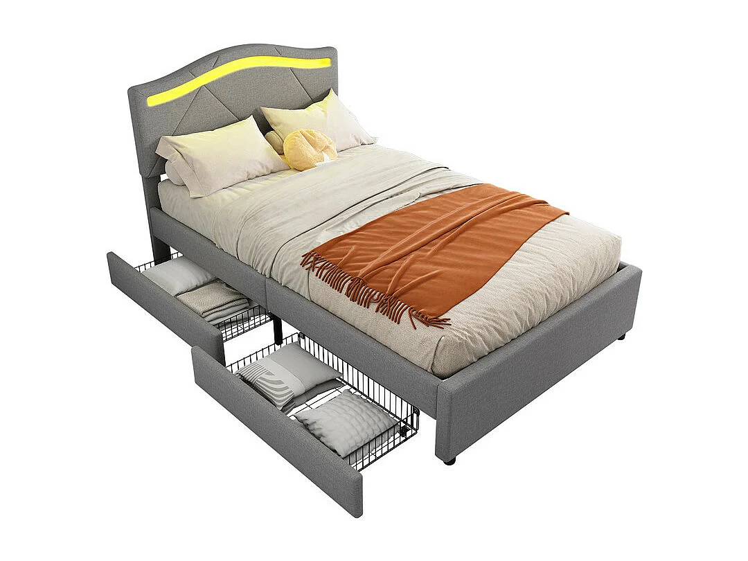 Lit capitonné 90x200 cm - avec éclairage LED - avec 2 tiroirs - lin - lit avec sommier à lattes - gris (matelas non inclus)