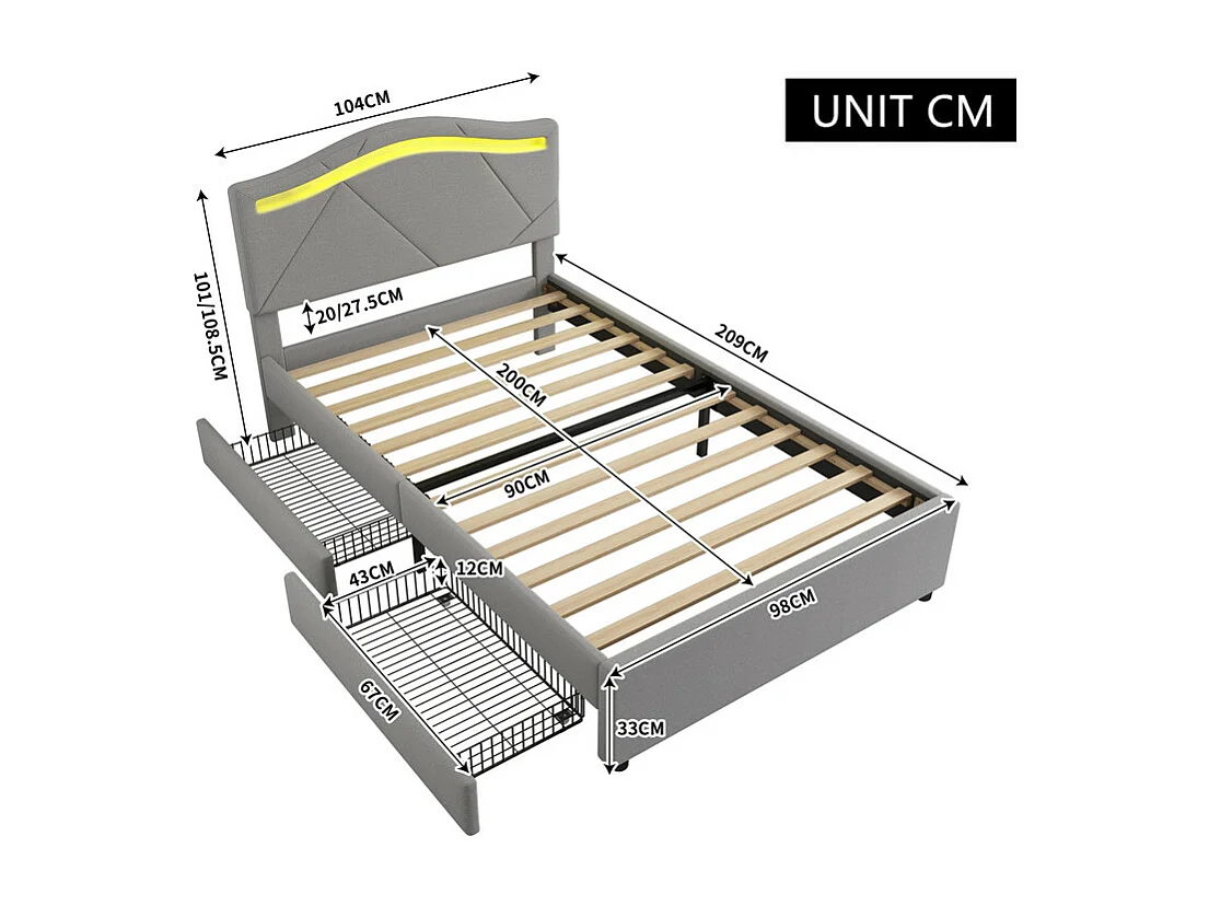 Lit capitonné 90x200 cm - avec éclairage LED - avec 2 tiroirs - lin - lit avec sommier à lattes - gris (matelas non inclus)