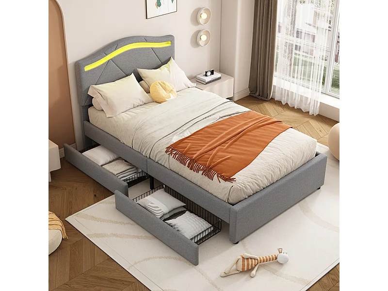 Lit capitonné 90x200 cm - avec éclairage LED - avec 2 tiroirs - lin - lit avec sommier à lattes - gris (matelas non inclus)