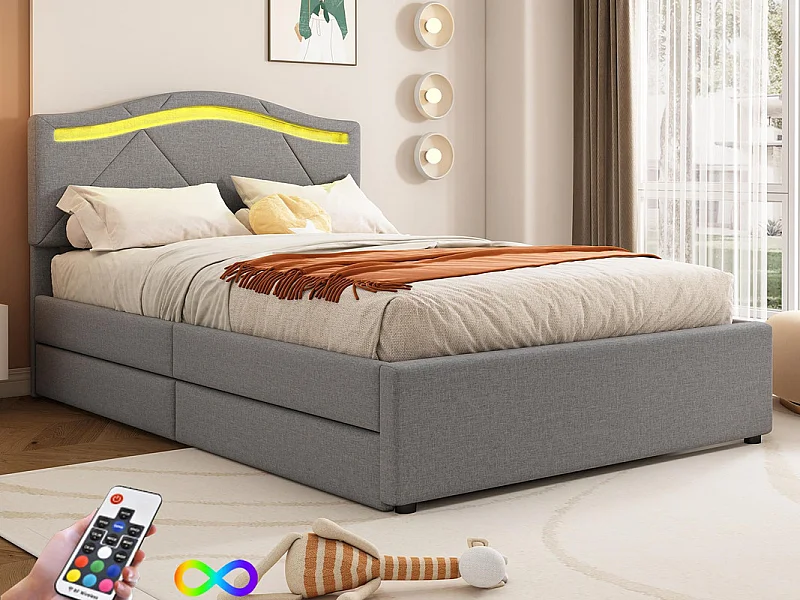 Polsterbett 90x200 cm - mit LED-Beleuchtung - mit 2 Schubladen - Leinen - Bett mit Lattenrost - grau (ohne Matratze)