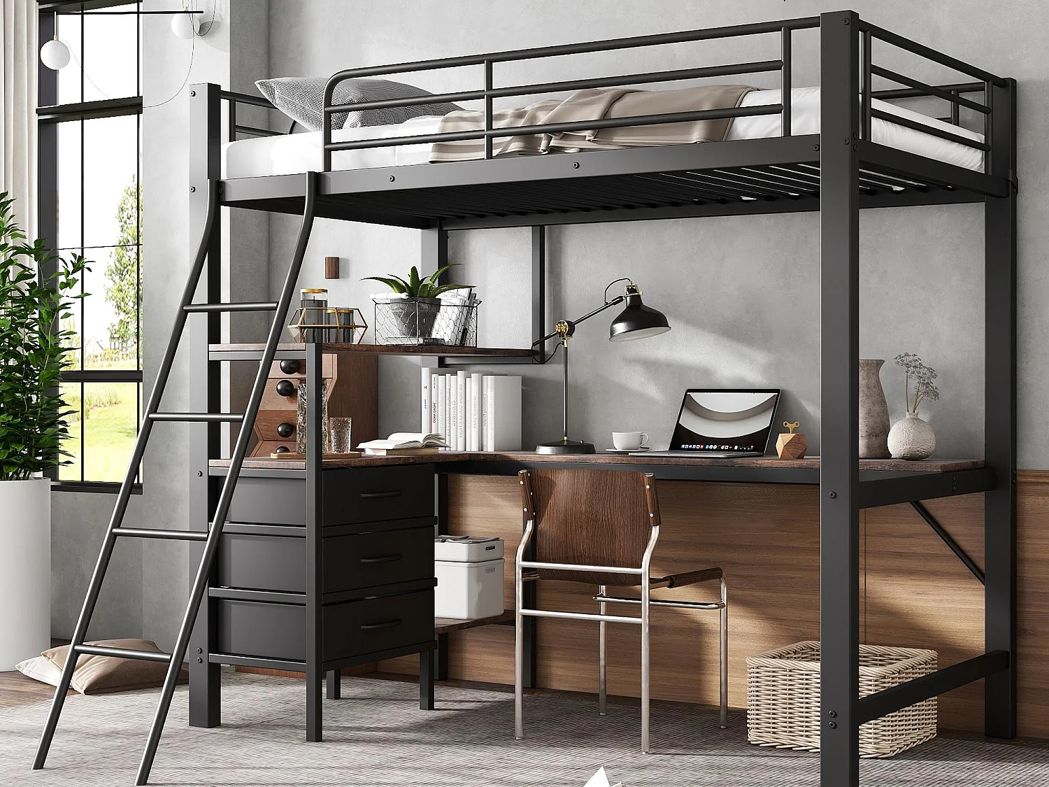 Mezzanin-Bett 90x200 cm - mit 3 Schubladen - mit Tisch von 2 m Länge - geneigte Leiter mit vier Stufen - Eisen + Partikelplatten - schwarz (ohne Matratze)