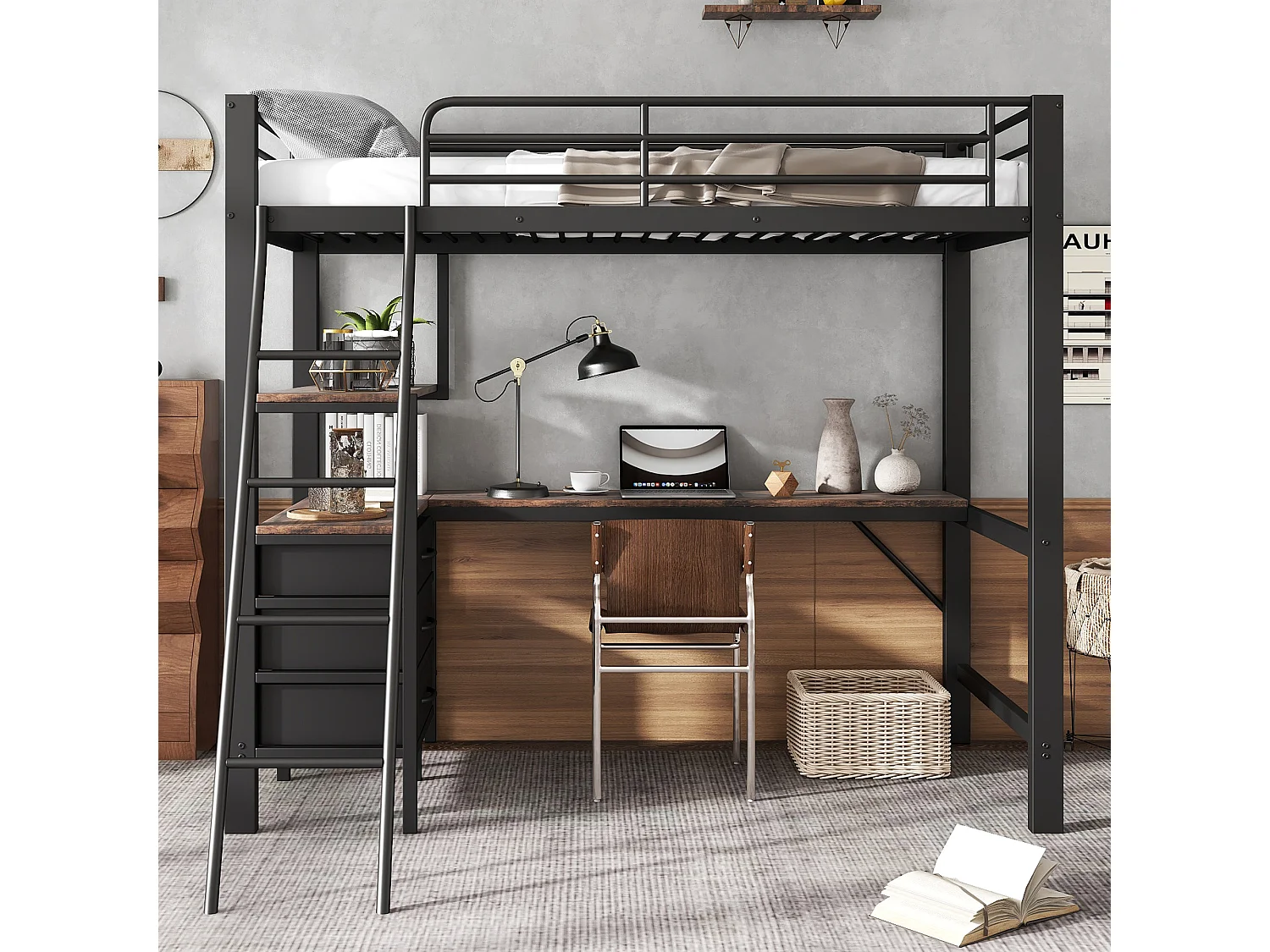 Mezzanin-Bett 90x200 cm - mit 3 Schubladen - mit Tisch von 2 m Länge - geneigte Leiter mit vier Stufen - Eisen + Partikelplatten - schwarz (ohne Matratze)