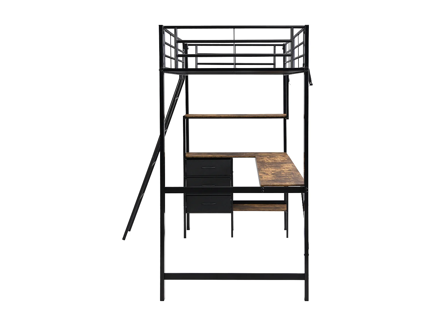 Mezzanin-Bett 90x200 cm - mit 3 Schubladen - mit Tisch von 2 m Länge - geneigte Leiter mit vier Stufen - Eisen + Partikelplatten - schwarz (ohne Matratze)