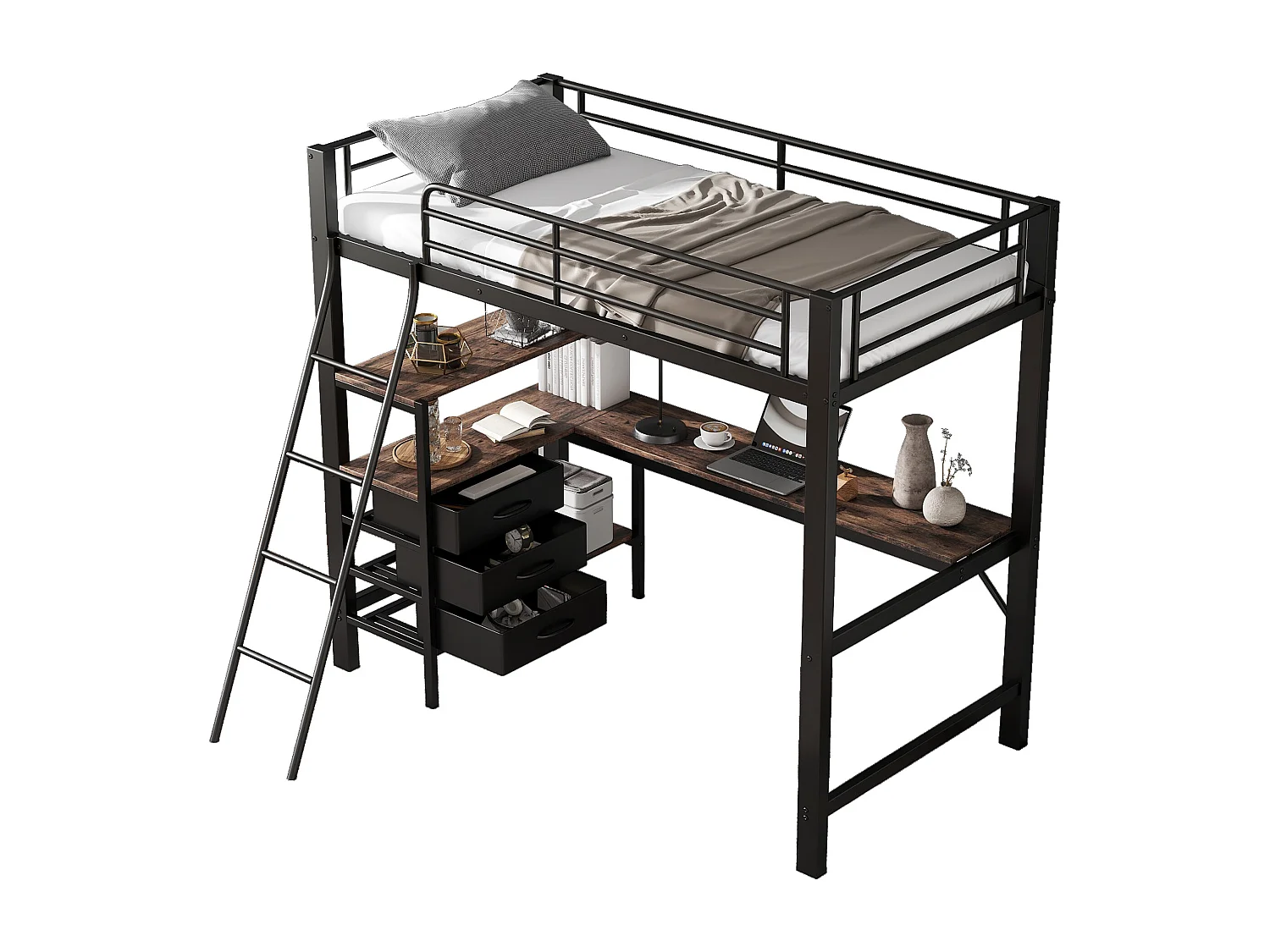 Mezzanin-Bett 90x200 cm - mit 3 Schubladen - mit Tisch von 2 m Länge - geneigte Leiter mit vier Stufen - Eisen + Partikelplatten - schwarz (ohne Matratze)