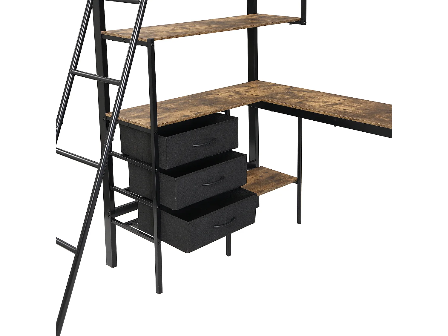 Mezzanin-Bett 90x200 cm - mit 3 Schubladen - mit Tisch von 2 m Länge - geneigte Leiter mit vier Stufen - Eisen + Partikelplatten - schwarz (ohne Matratze)