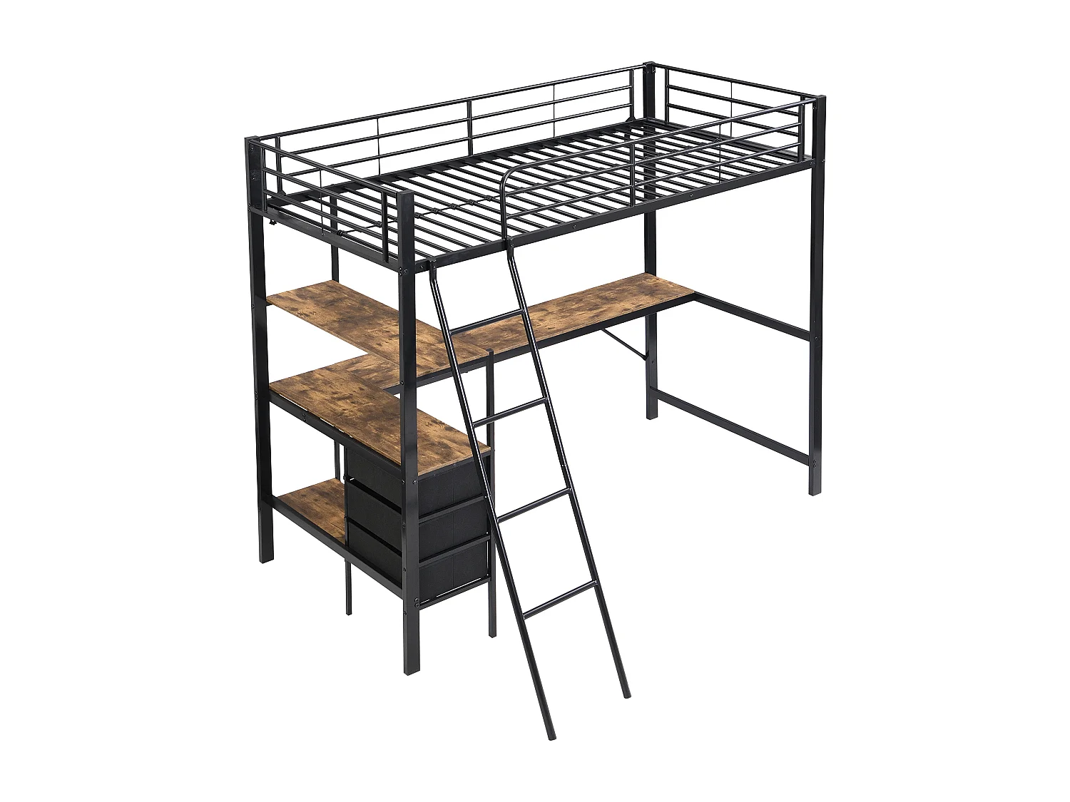 Mezzanin-Bett 90x200 cm - mit 3 Schubladen - mit Tisch von 2 m Länge - geneigte Leiter mit vier Stufen - Eisen + Partikelplatten - schwarz (ohne Matratze)