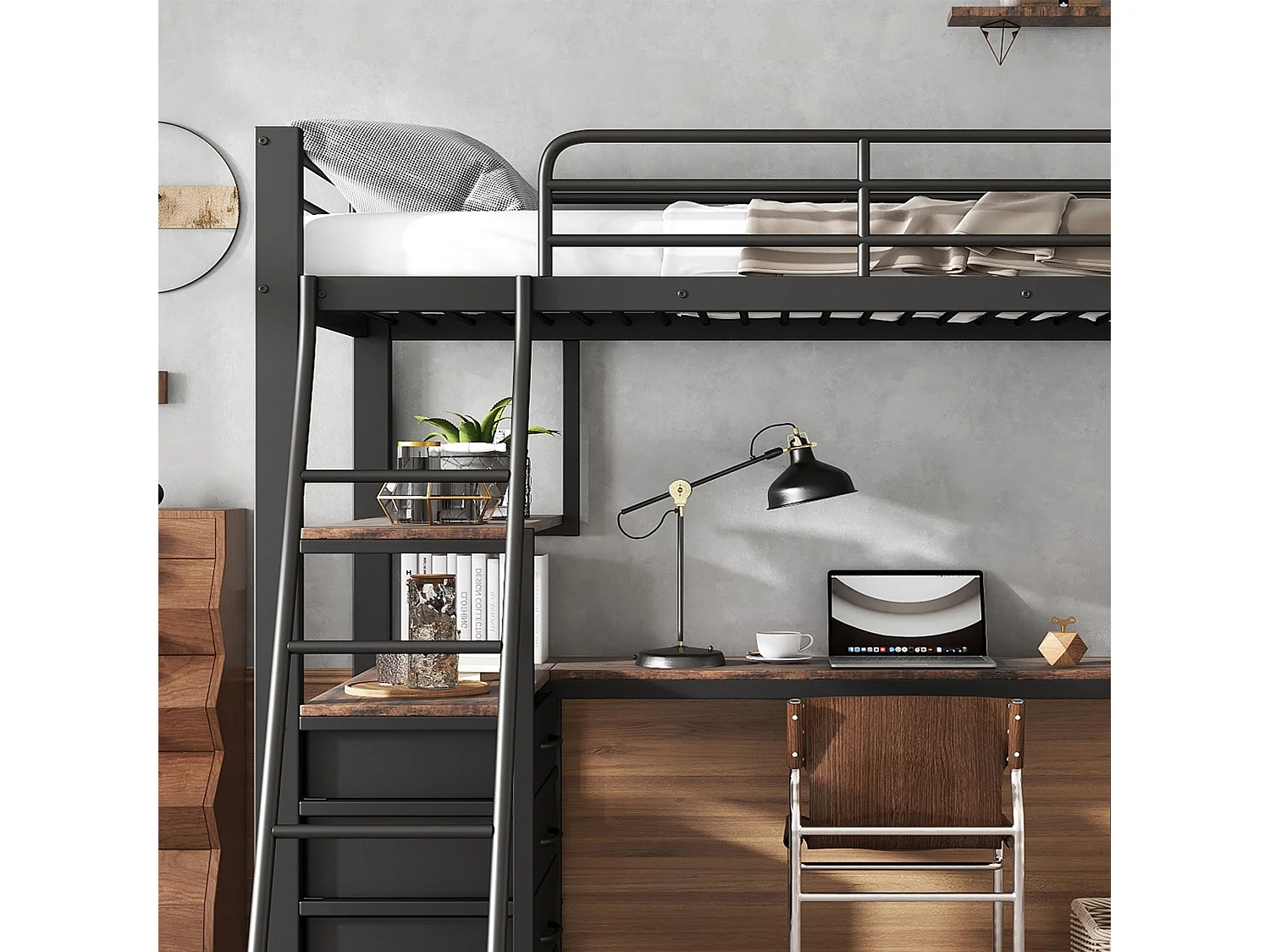 Mezzanin-Bett 90x200 cm - mit 3 Schubladen - mit Tisch von 2 m Länge - geneigte Leiter mit vier Stufen - Eisen + Partikelplatten - schwarz (ohne Matratze)