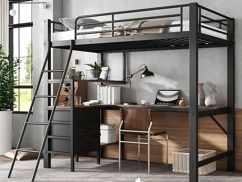 Mezzanin-Bett 90x200 cm - mit 3 Schubladen - mit Tisch von 2 m Länge - geneigte Leiter mit vier Stufen - Eisen + Partikelplatten - schwarz (ohne Matratze)