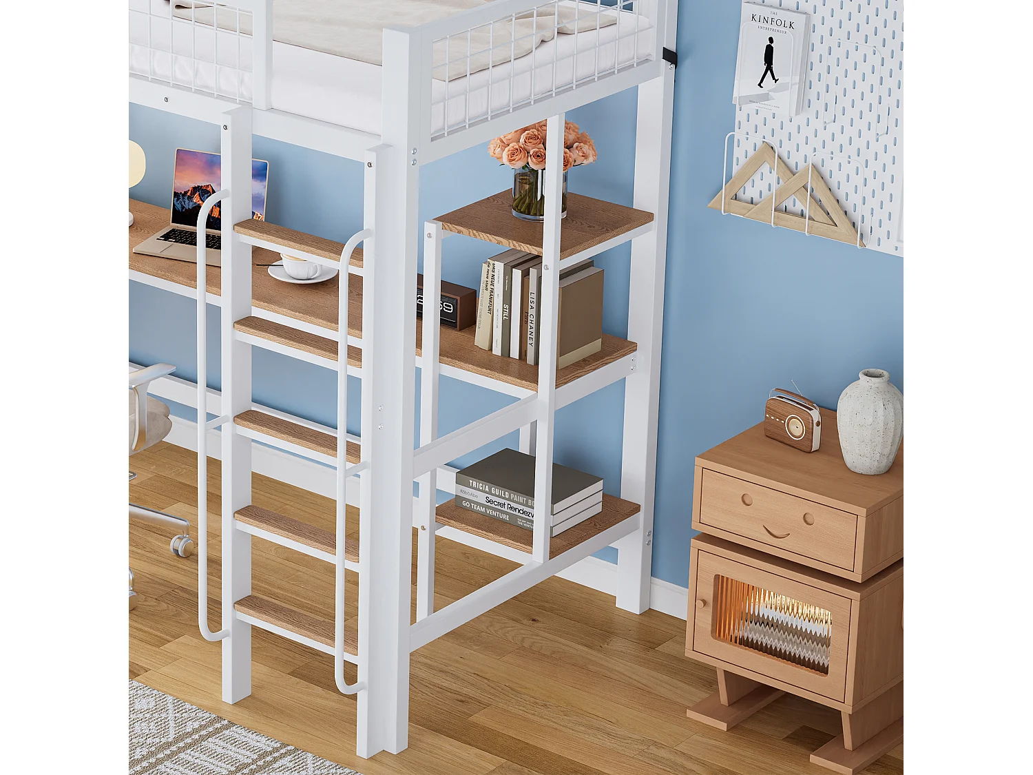 Mezzanin-Bett 90x200 cm - mit Tisch und Regal - mit Leiter von 5 Stufen - mit Fall-Schutzgitter - Metall + MDF - weiß (ohne Matratze)