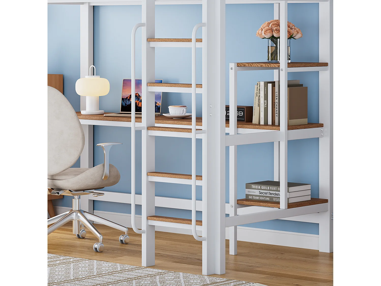 Mezzanin-Bett 90x200 cm - mit Tisch und Regal - mit Leiter von 5 Stufen - mit Fall-Schutzgitter - Metall + MDF - weiß (ohne Matratze)