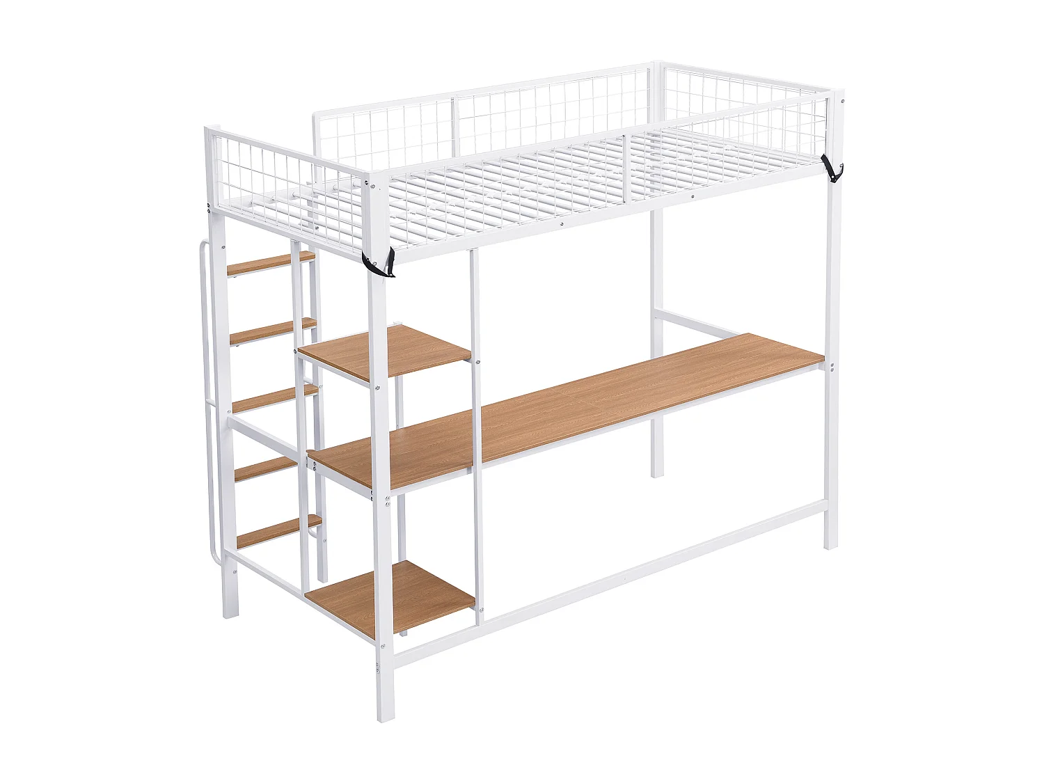 Mezzanin-Bett 90x200 cm - mit Tisch und Regal - mit Leiter von 5 Stufen - mit Fall-Schutzgitter - Metall + MDF - weiß (ohne Matratze)