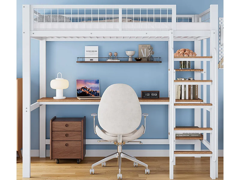 Cama mezzanina 90x200 cm - com mesa e prateleira - com escada de 5 degraus - com grade anti-queda - metal + MDF - branco (sem colchão)