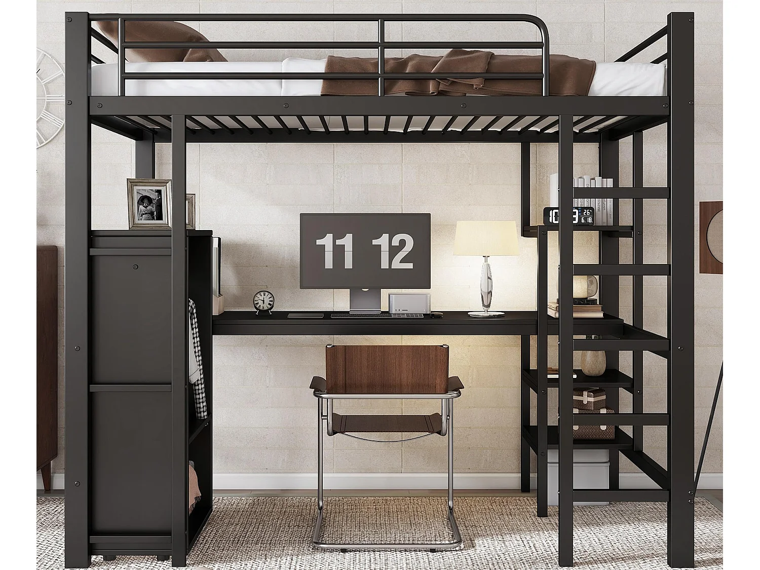 Cama mezzanina 90x200 cm - com mesa e armário - com escada de 5 degraus - ferro + painéis de partículas - preto (sem colchão)