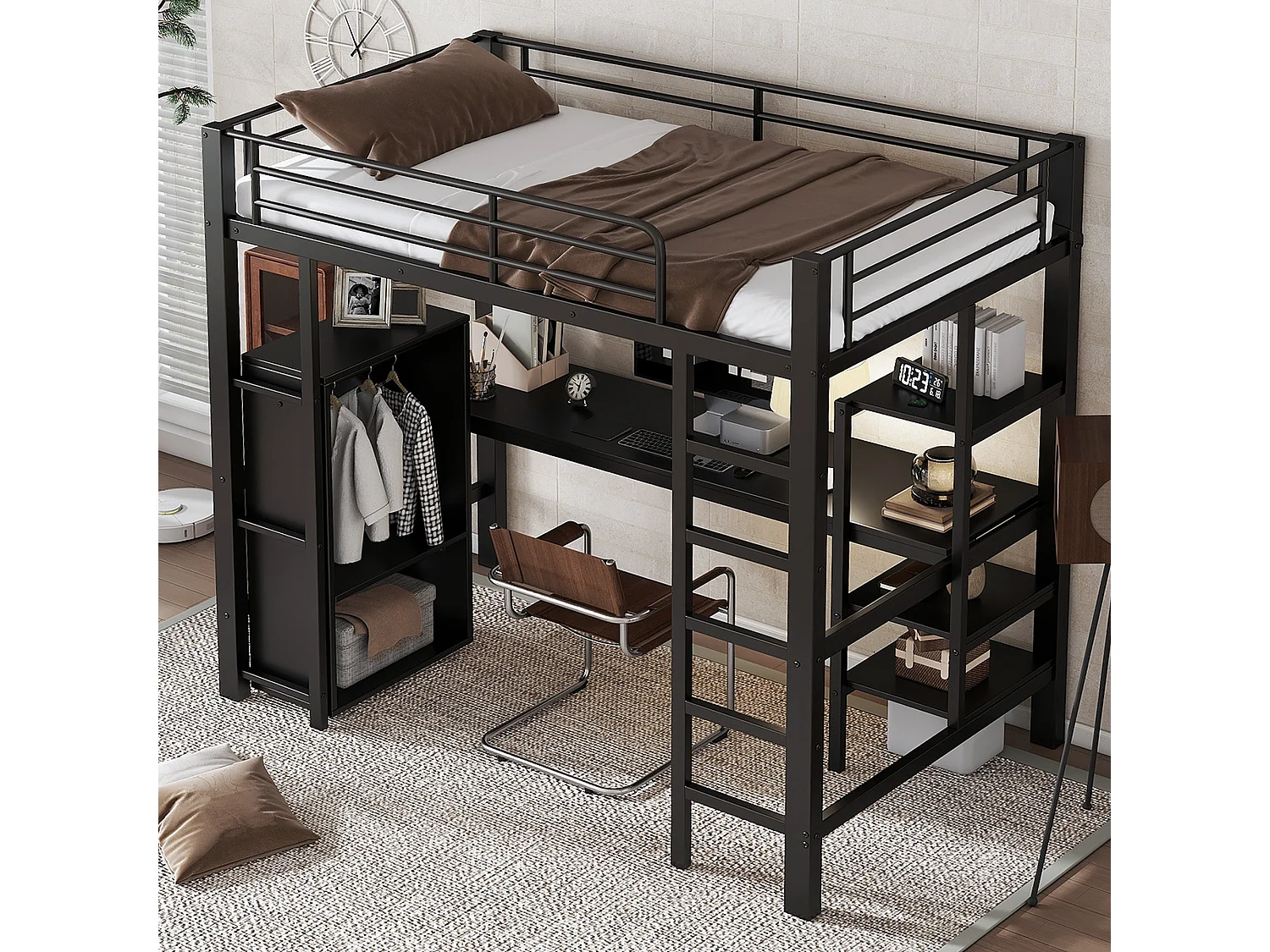 Cama mezzanina 90x200 cm - com mesa e armário - com escada de 5 degraus - ferro + painéis de partículas - preto (sem colchão)