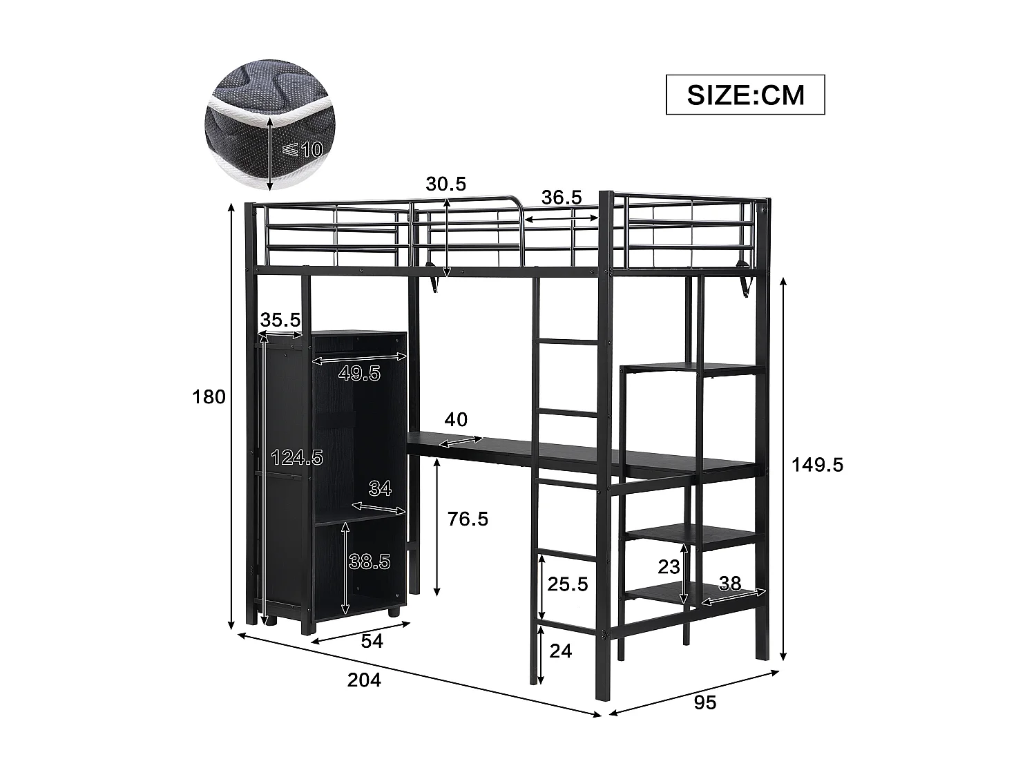 Cama mezzanina 90x200 cm - com mesa e armário - com escada de 5 degraus - ferro + painéis de partículas - preto (sem colchão)