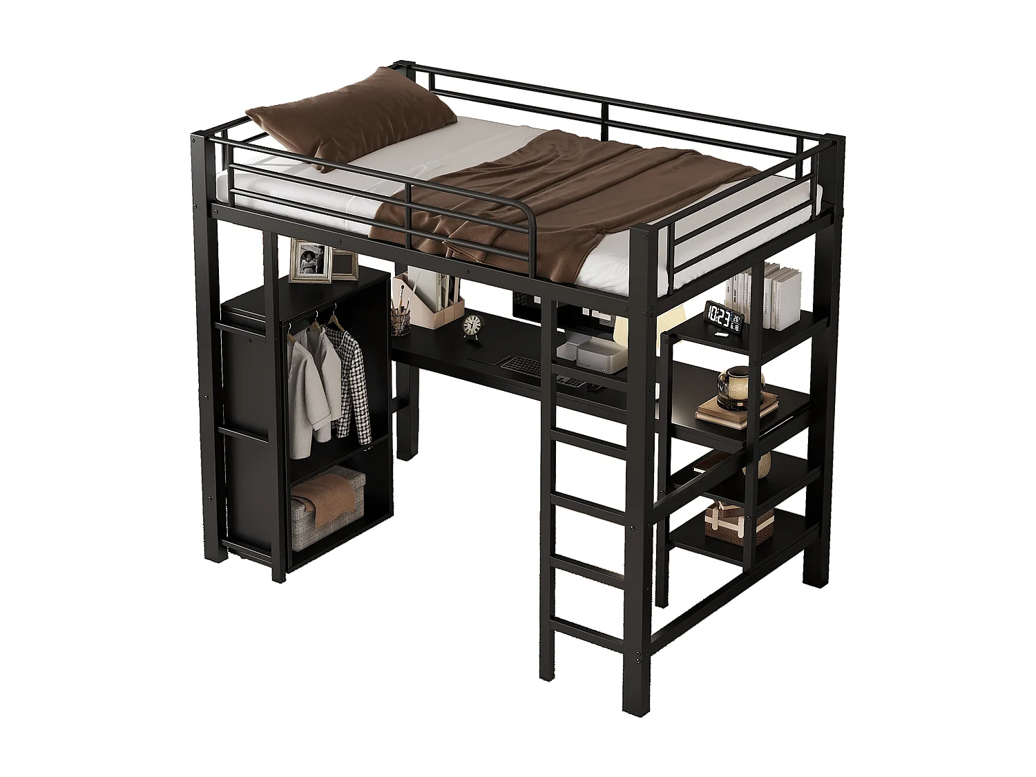 Cama mezzanina 90x200 cm - com mesa e armário - com escada de 5 degraus - ferro + painéis de partículas - preto (sem colchão)