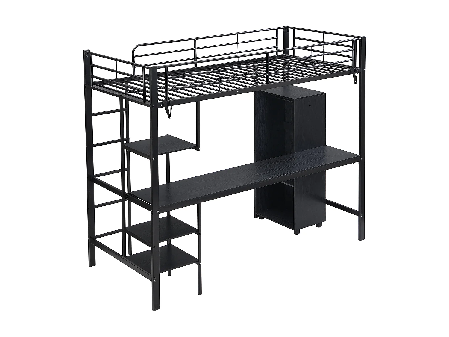 Cama mezzanina 90x200 cm - com mesa e armário - com escada de 5 degraus - ferro + painéis de partículas - preto (sem colchão)