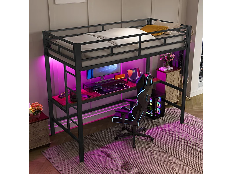 Łóżko mezzanine 90x200 cm - z barierkami - z drabiną - stół z USB i gniazdami - oświetlenie LED przewodowe - metal - czarny (materac nie jest w zestawie)