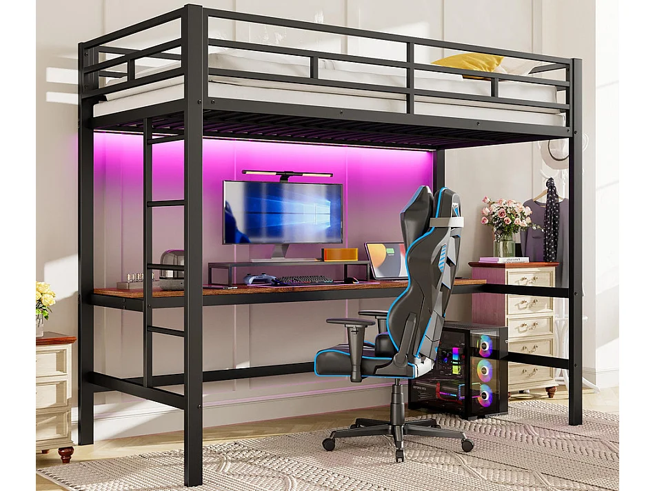 Cama alta 90x200 cm - con barreras - con escalera - mesa con USB y enchufes - tira de luz cableada - metal - negro (colchón no incluido)