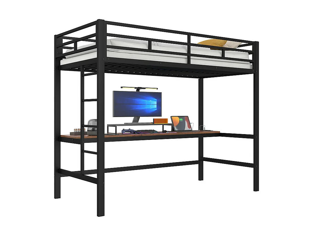Cama alta 90x200 cm - con barreras - con escalera - mesa con USB y enchufes - tira de luz cableada - metal - negro (colchón no incluido)