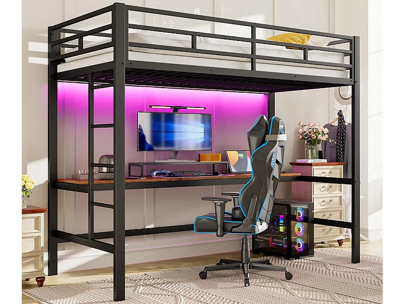 Cama alta 90x200 cm - con barreras - con escalera - mesa con USB y enchufes - tira de luz cableada - metal - negro (colchón no incluido)