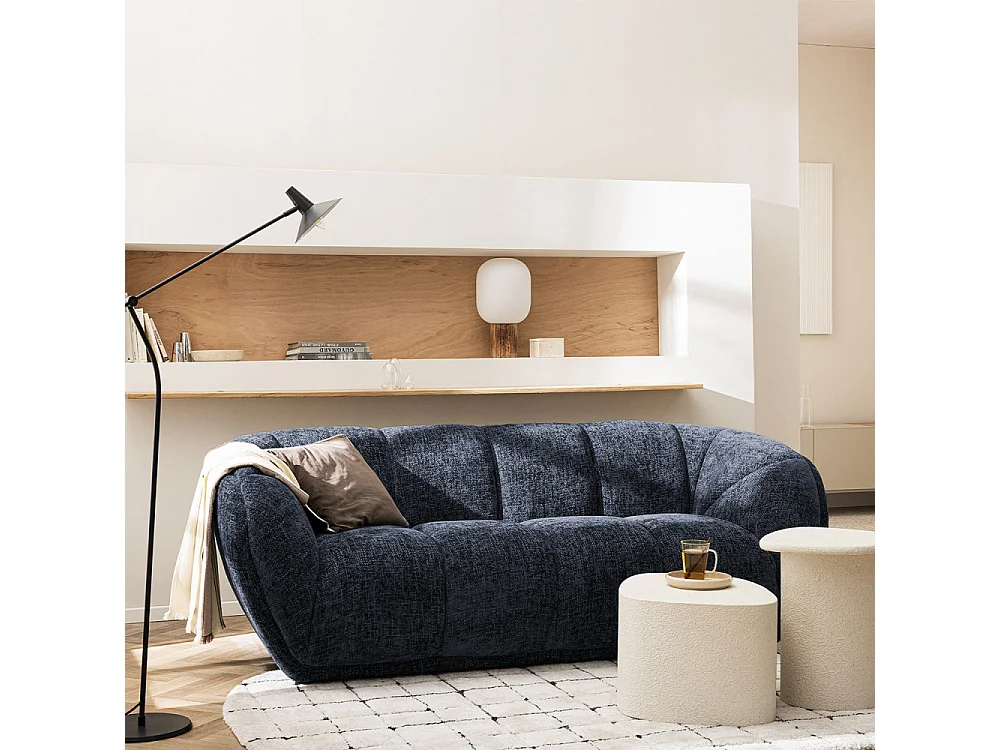 West - Canapé droit 3 places en tissu à forme arrondie - Bleu