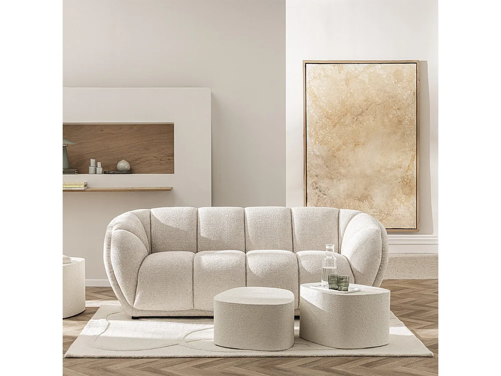 West - Canapé droit 3 places en tissu à forme arrondie - Écru