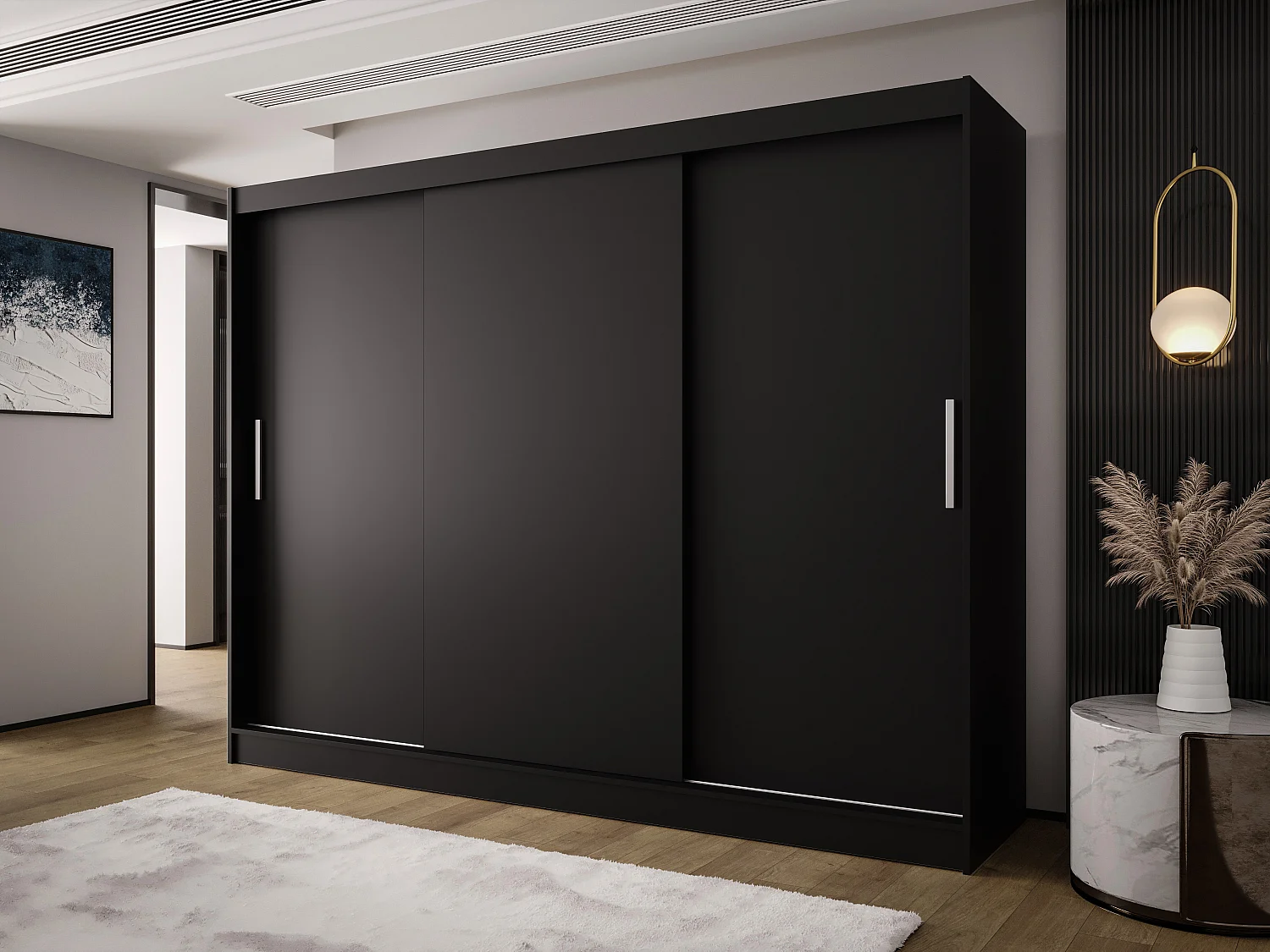 AUSTIN A2 Dreitüriger Schrank mit Schiebetüren, TOP PRODUKT 250cm Garderobe mit Kleiderstange/Regalböden, Verschieden Farben, Möbel vom Hersteller (Schwarz)