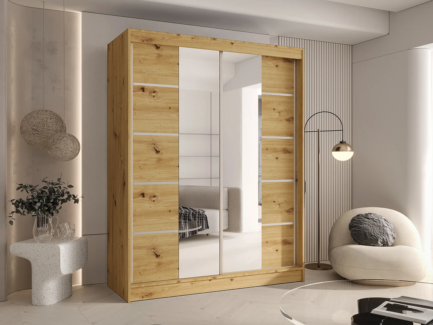 CHARLOTTE C5 Zweitüriger Schiebeschrank mit Spiegel, TOP PRODUKT 150cm Garderobe mit Kleiderstange/Regalböden, Verschieden Farben, Möbel vom Hersteller (Artisan)