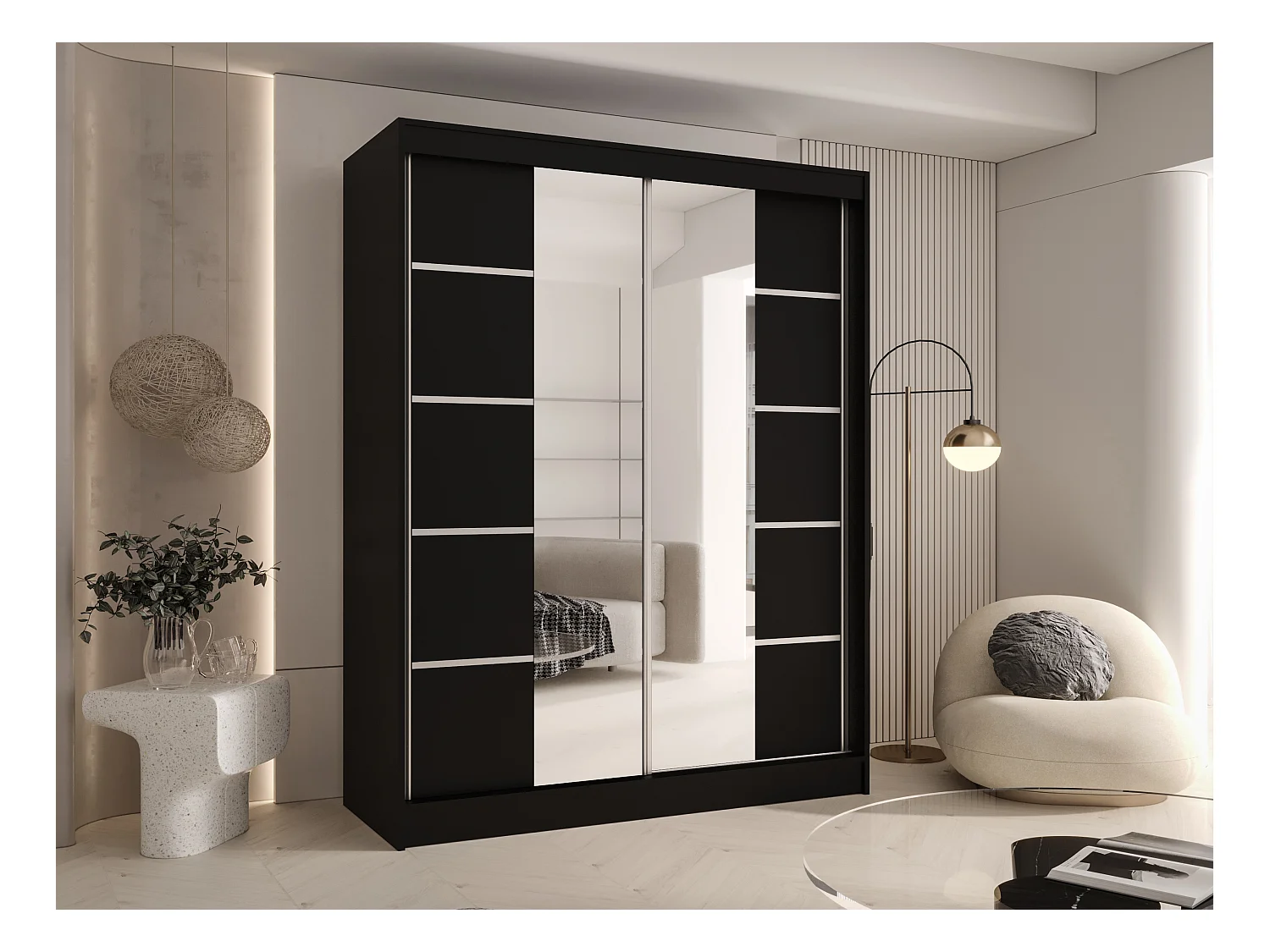 CHARLOTTE C5 Zweitüriger Schiebeschrank mit Spiegel, TOP PRODUKT 150cm Garderobe mit Kleiderstange/Regalböden, Verschieden Farben, Möbel vom Hersteller (Schwarz)