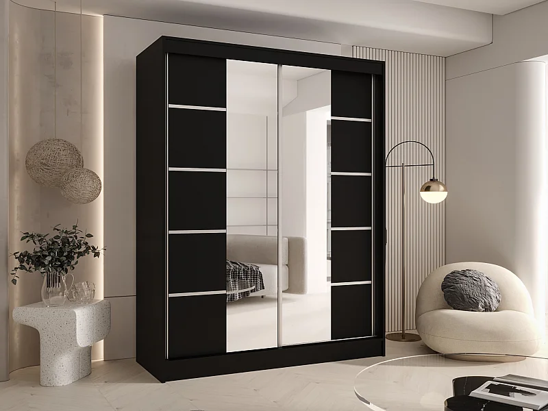 CHARLOTTE C5 Zweitüriger Schiebeschrank mit Spiegel, TOP PRODUKT 150cm Garderobe mit Kleiderstange/Regalböden, Verschieden Farben, Möbel vom Hersteller (Schwarz)