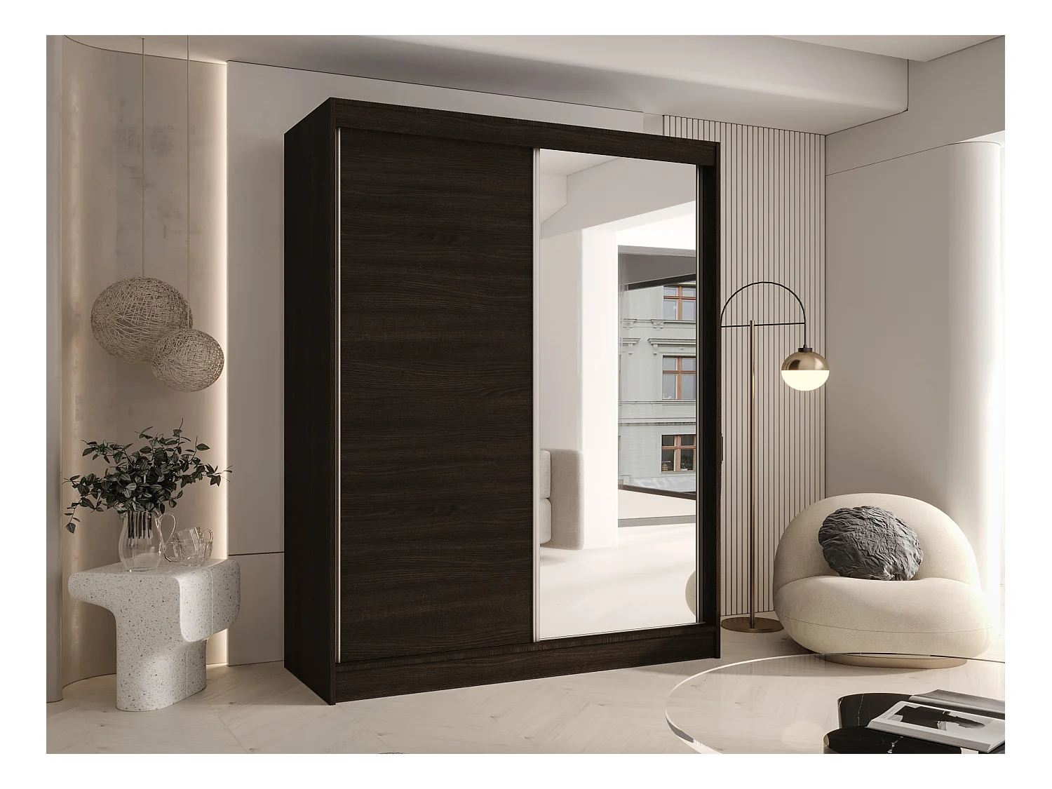 CHARLOTTE C1 Zweitüriger Schiebeschrank mit Spiegel, TOP PRODUKT 150cm Garderobe mit Kleiderstange/Regalböden, Verschieden Farben, Möbel vom Hersteller (Choco)