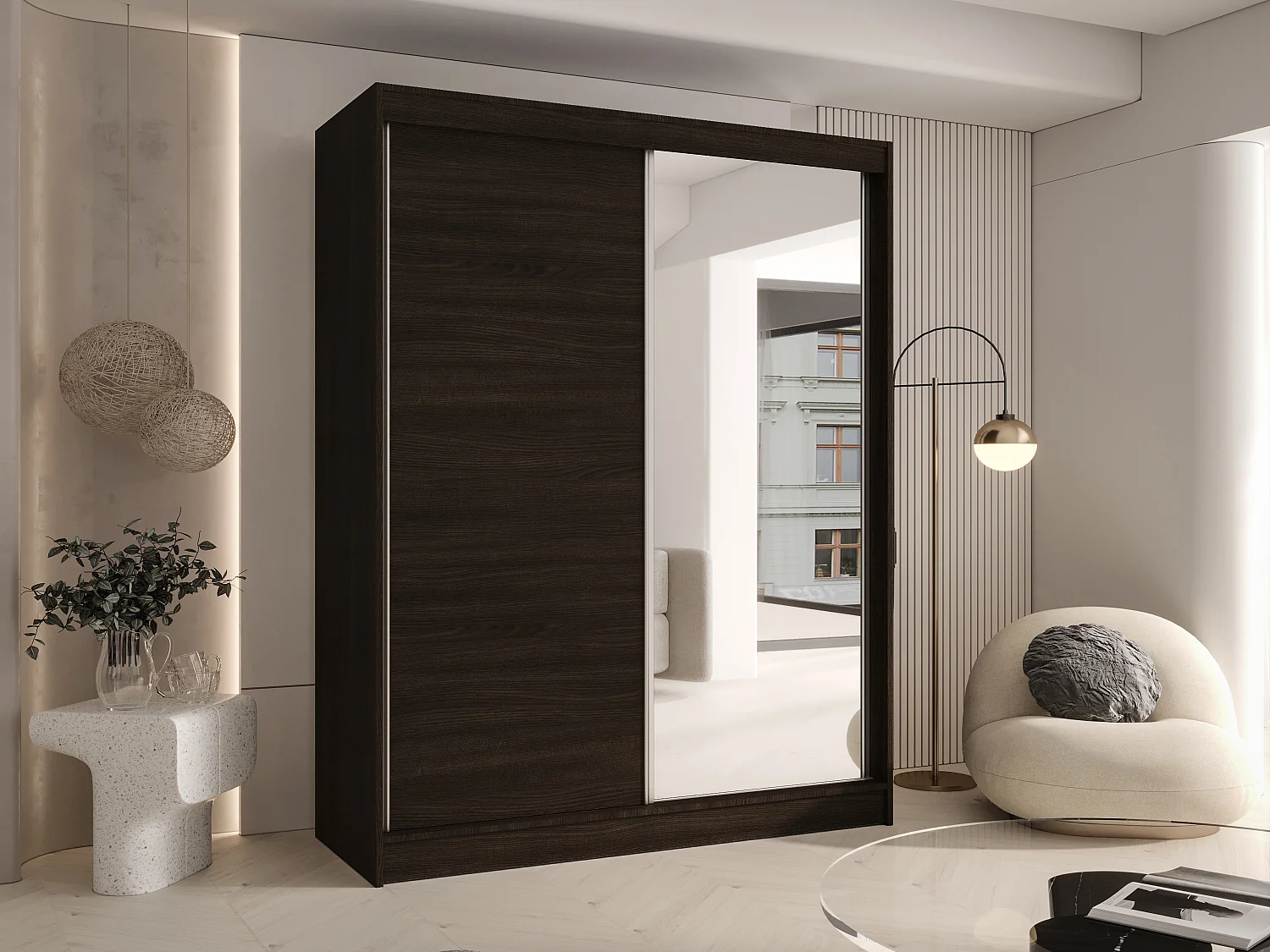 CHARLOTTE C1 Zweitüriger Schiebeschrank mit Spiegel, TOP PRODUKT 150cm Garderobe mit Kleiderstange/Regalböden, Verschieden Farben, Möbel vom Hersteller (Choco)