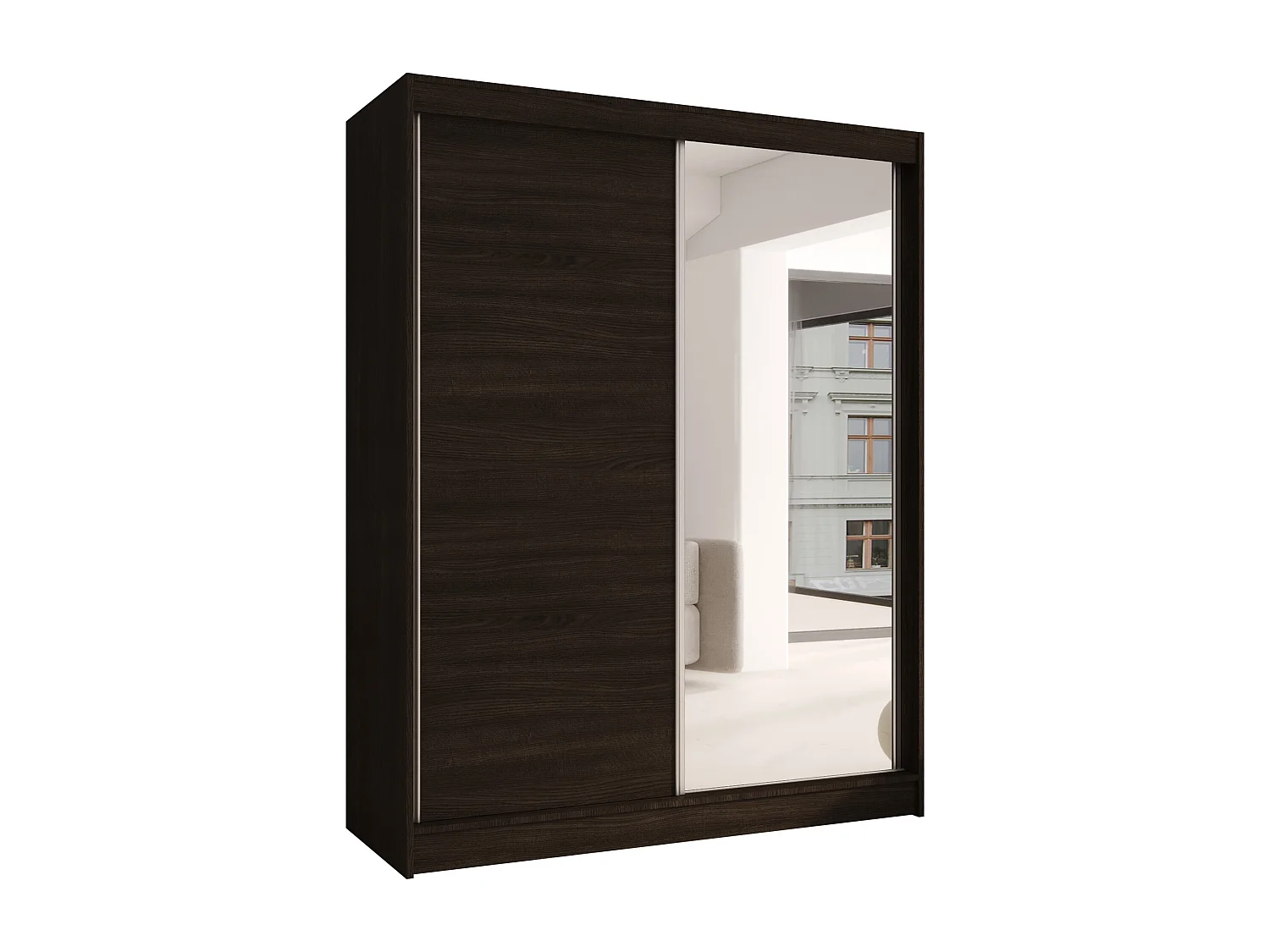 CHARLOTTE C1 Zweitüriger Schiebeschrank mit Spiegel, TOP PRODUKT 150cm Garderobe mit Kleiderstange/Regalböden, Verschieden Farben, Möbel vom Hersteller (Choco)