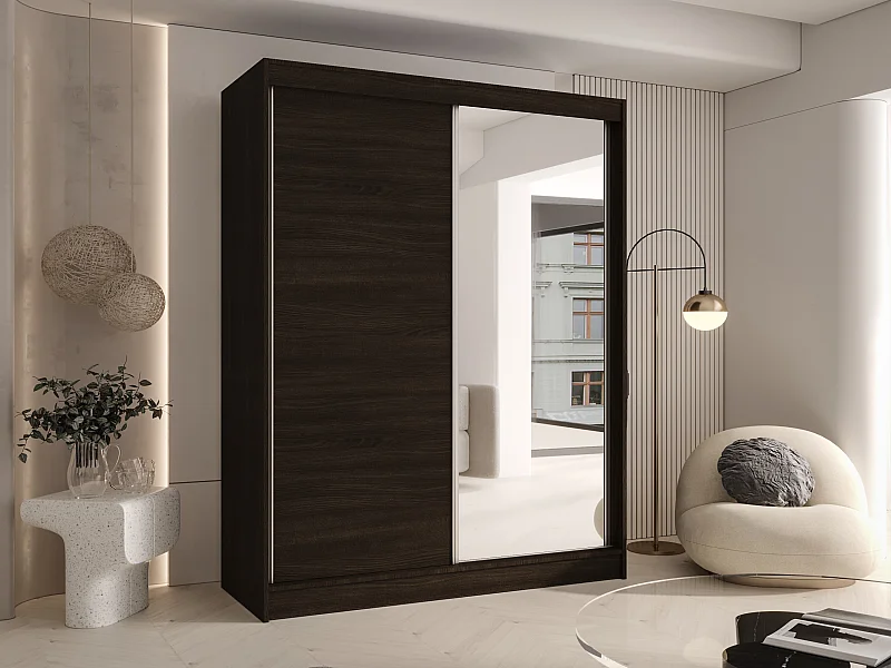 CHARLOTTE C1 Zweitüriger Schiebeschrank mit Spiegel, TOP PRODUKT 150cm Garderobe mit Kleiderstange/Regalböden, Verschieden Farben, Möbel vom Hersteller (Choco)