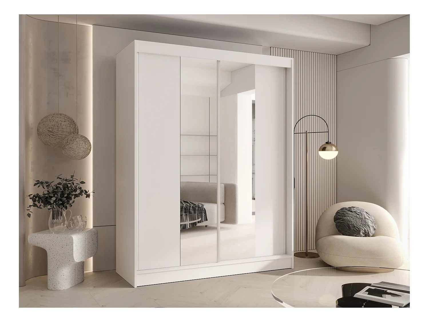 CHARLOTTE C2 Zweitüriger Schiebeschrank mit Spiegel, TOP PRODUKT 150cm Garderobe mit Kleiderstange/Regalböden, Verschieden Farben, Möbel vom Hersteller (Weiß)
