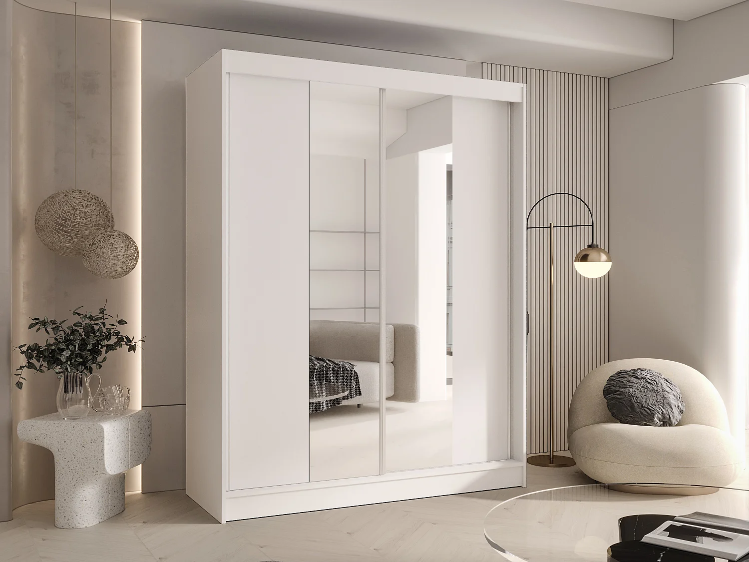 CHARLOTTE C2 Zweitüriger Schiebeschrank mit Spiegel, TOP PRODUKT 150cm Garderobe mit Kleiderstange/Regalböden, Verschieden Farben, Möbel vom Hersteller (Weiß)