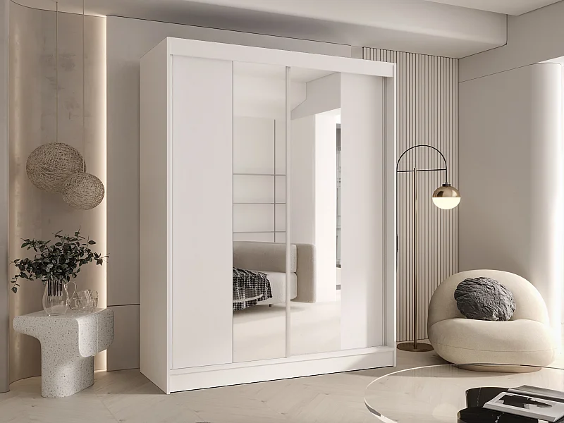 CHARLOTTE C2 Zweitüriger Schiebeschrank mit Spiegel, TOP PRODUKT 150cm Garderobe mit Kleiderstange/Regalböden, Verschieden Farben, Möbel vom Hersteller (Weiß)