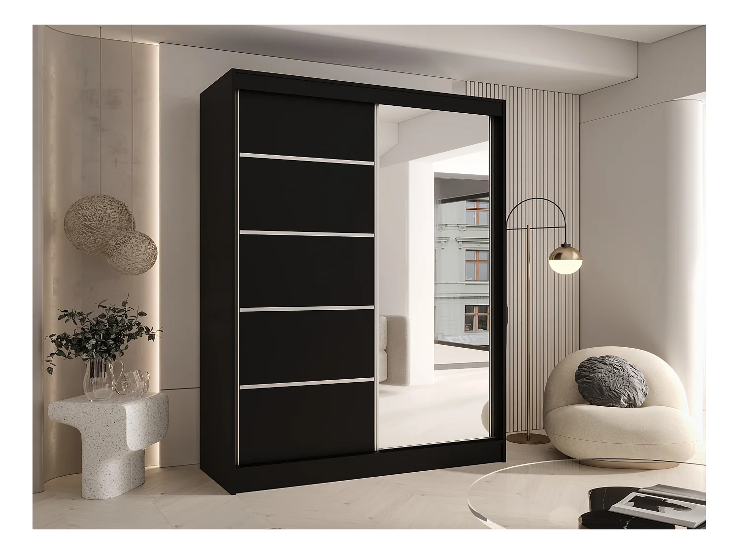 CHARLOTTE C3 Zweitüriger Schiebeschrank mit Spiegel, TOP PRODUKT 150cm Garderobe mit Kleiderstange/Regalböden, Verschieden Farben, Möbel vom Hersteller (Schwarz)