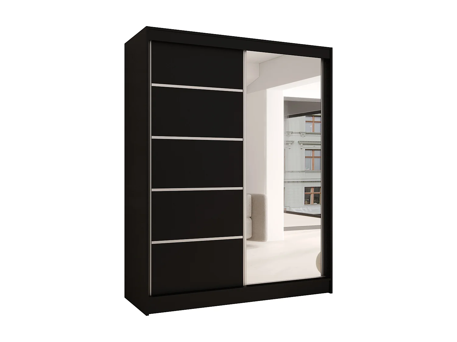 CHARLOTTE C3 Zweitüriger Schiebeschrank mit Spiegel, TOP PRODUKT 150cm Garderobe mit Kleiderstange/Regalböden, Verschieden Farben, Möbel vom Hersteller (Schwarz)