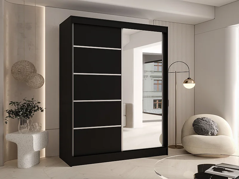 CHARLOTTE C3 Zweitüriger Schiebeschrank mit Spiegel, TOP PRODUKT 150cm Garderobe mit Kleiderstange/Regalböden, Verschieden Farben, Möbel vom Hersteller (Schwarz)