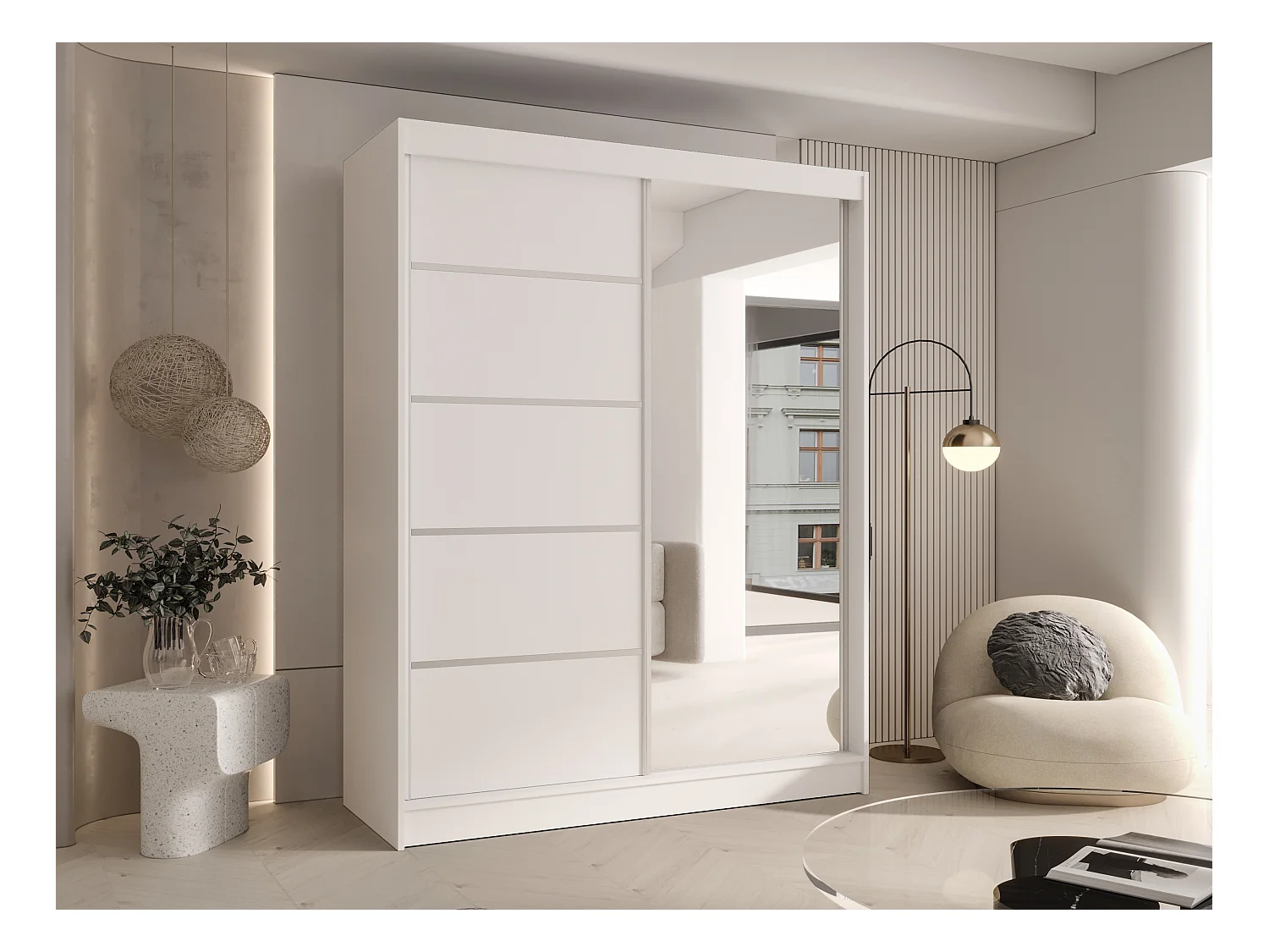 CHARLOTTE C3 Zweitüriger Schiebeschrank mit Spiegel, TOP PRODUKT 150cm Garderobe mit Kleiderstange/Regalböden, Verschieden Farben, Möbel vom Hersteller (Weiß)