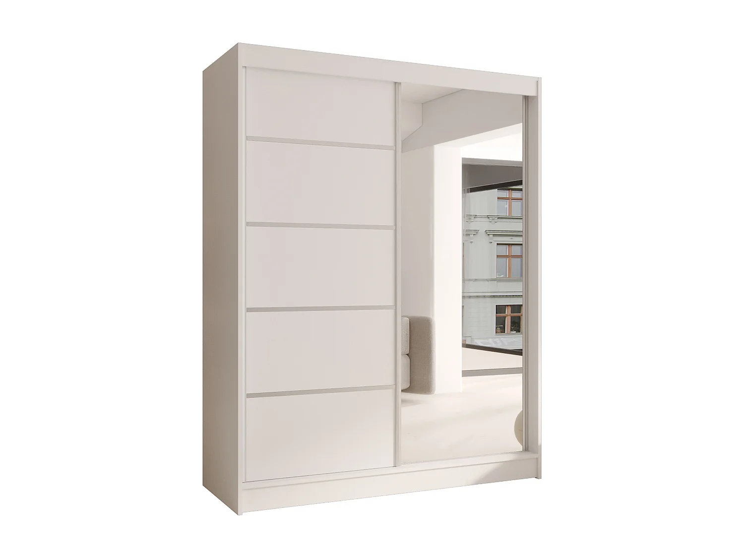CHARLOTTE C3 Zweitüriger Schiebeschrank mit Spiegel, TOP PRODUKT 150cm Garderobe mit Kleiderstange/Regalböden, Verschieden Farben, Möbel vom Hersteller (Weiß)